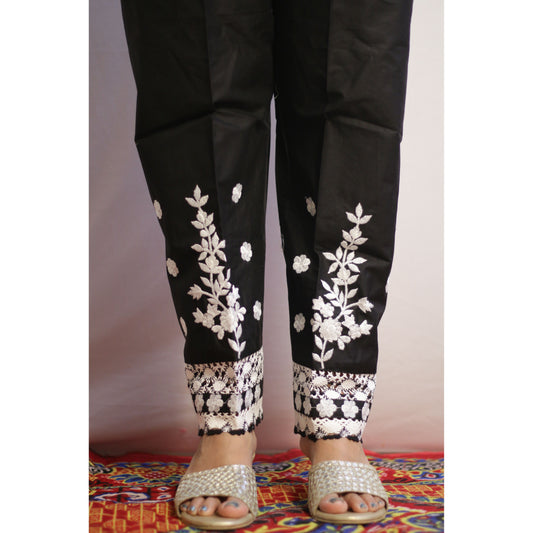 White On Black Embroidered Pant
