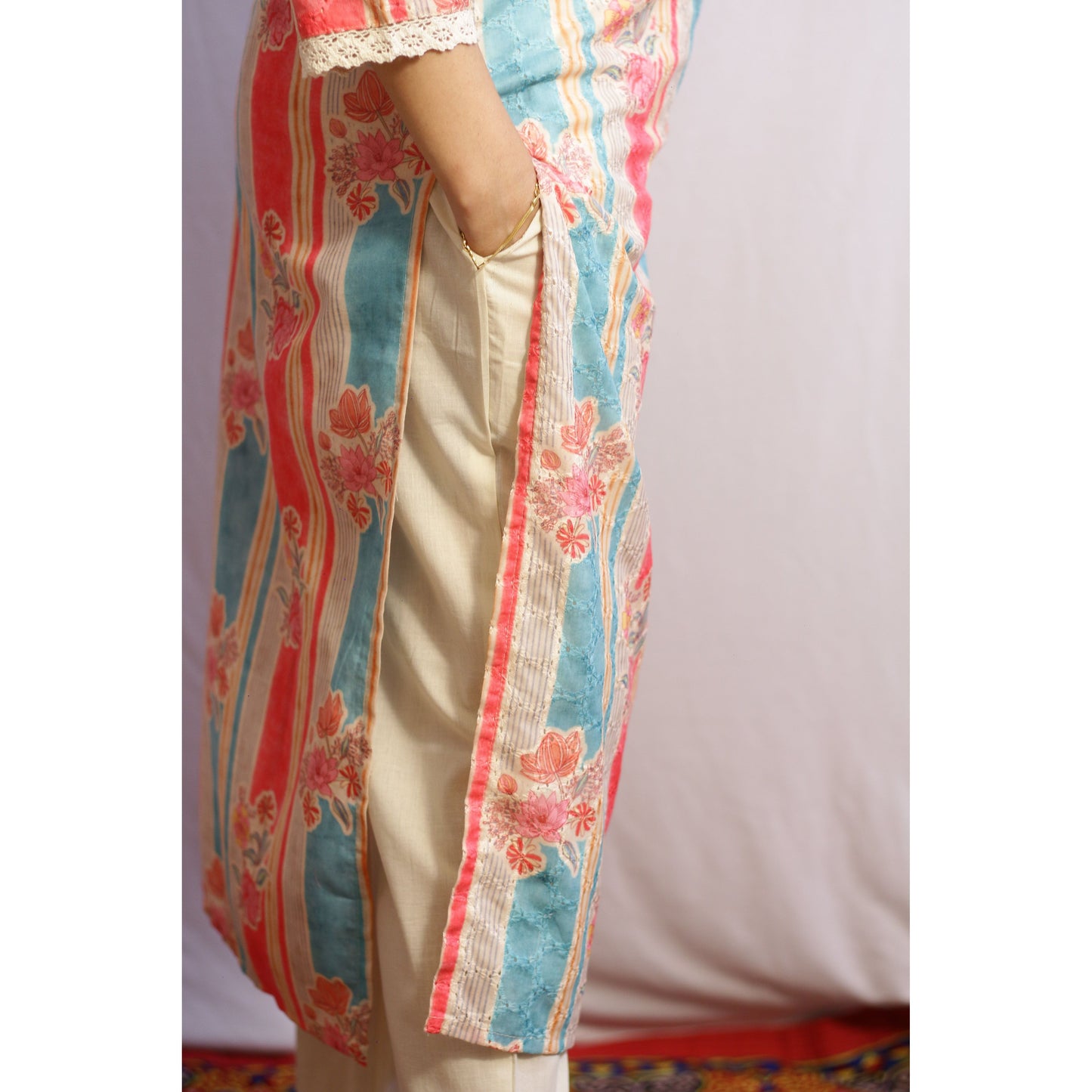 Beige Pink & Blue Suit Set