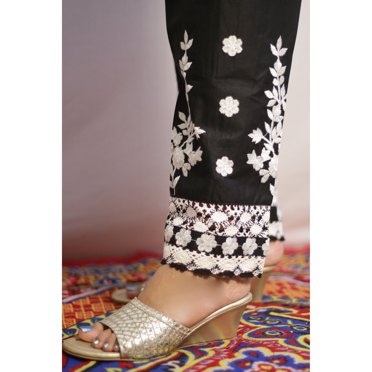 White On Black Embroidered Pant