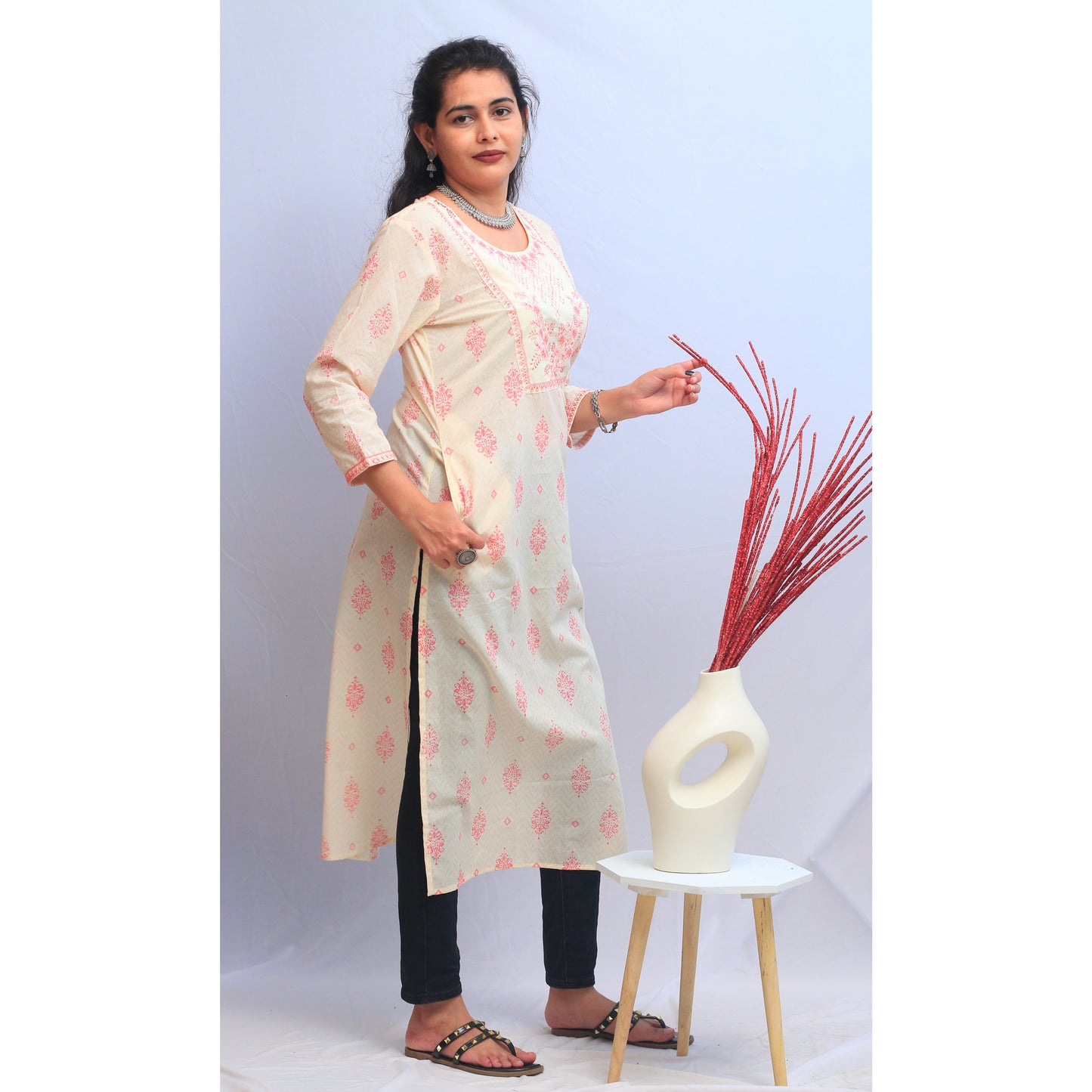 Beige Embroidered Kurti
