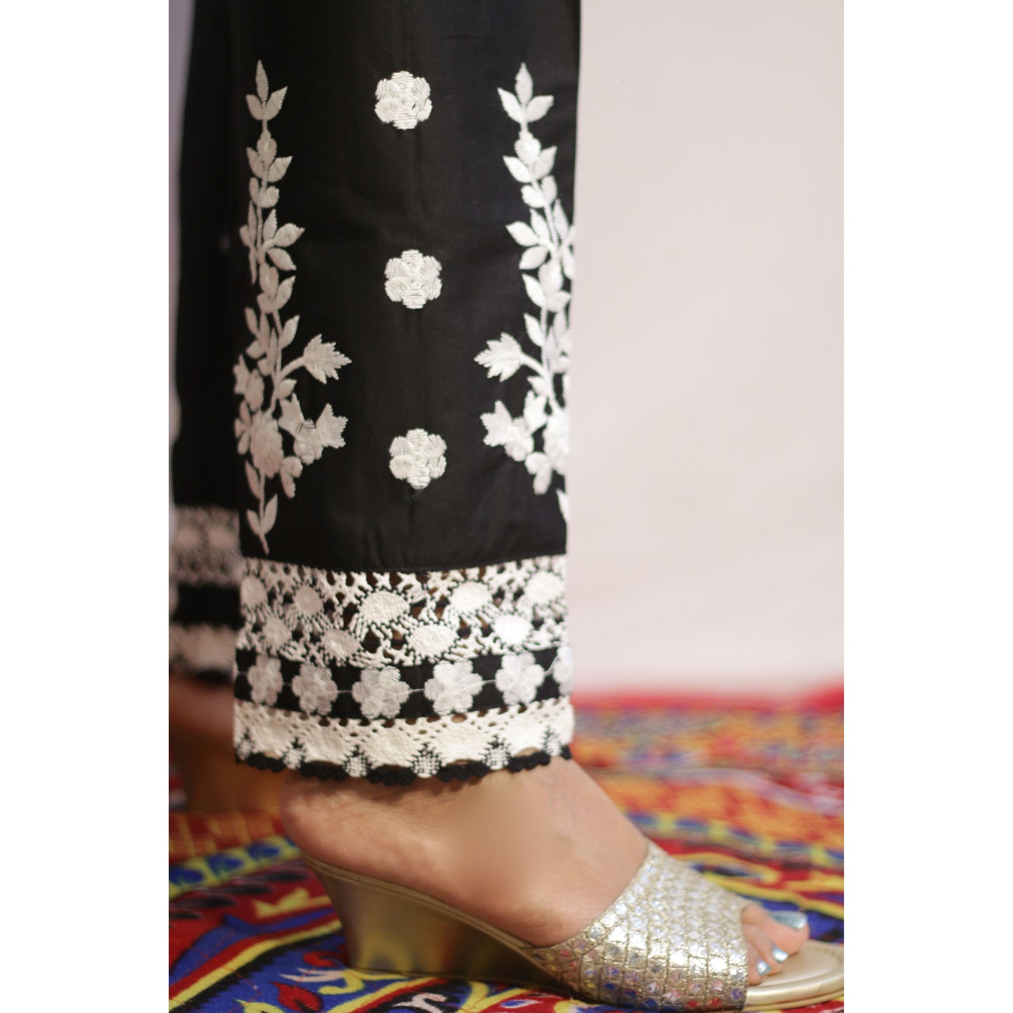 White On Black Embroidered Pant