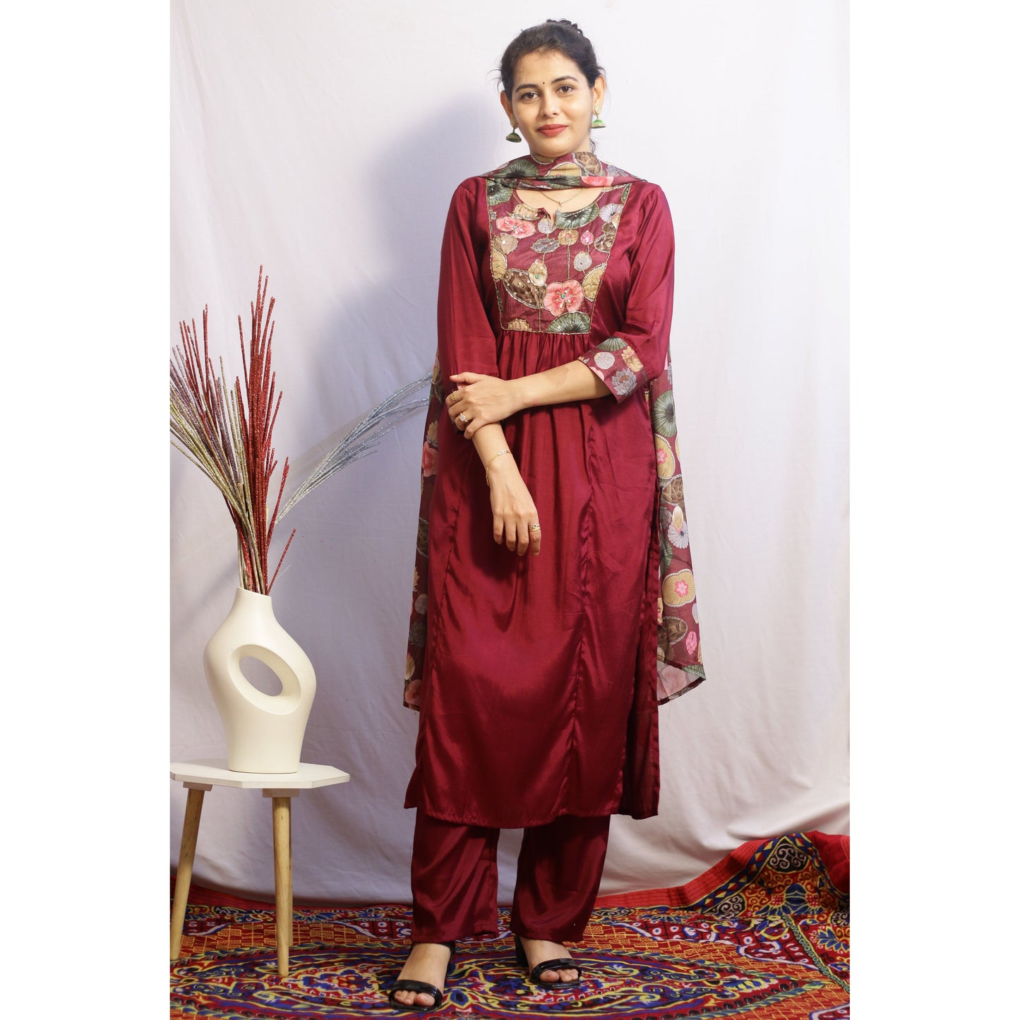 Embroidered Maroon Suit Set