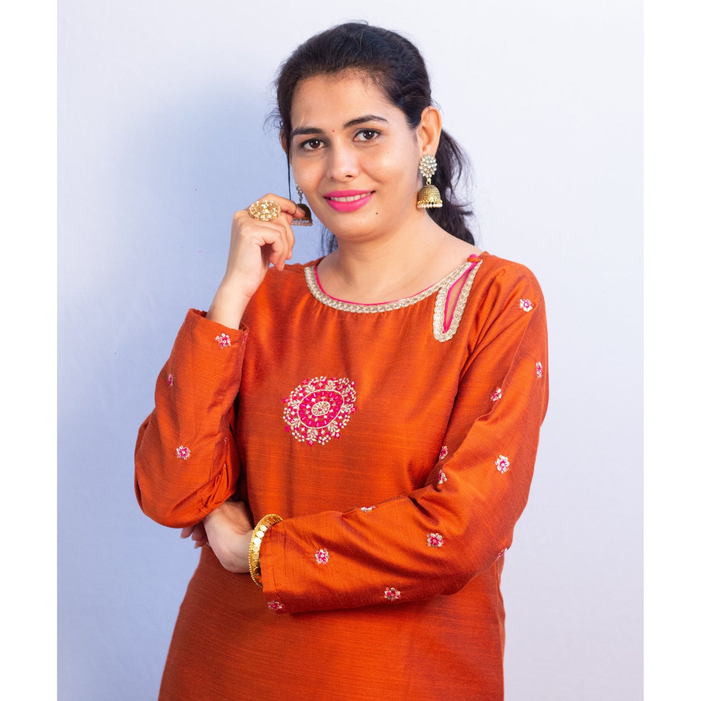 Orange Embroidered Kurti