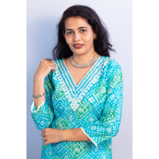 Blue Bandhani Embroidered Kurti