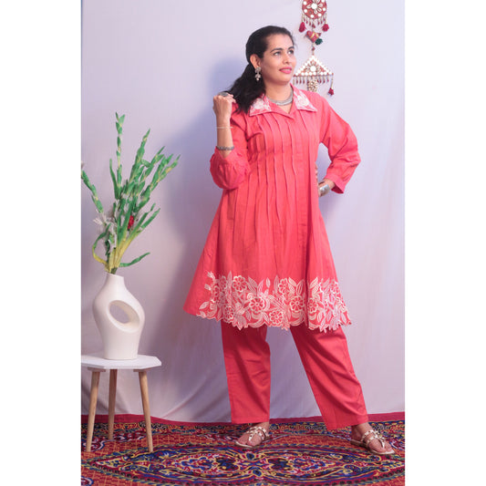 Embroidered Coral Pink Cord Set