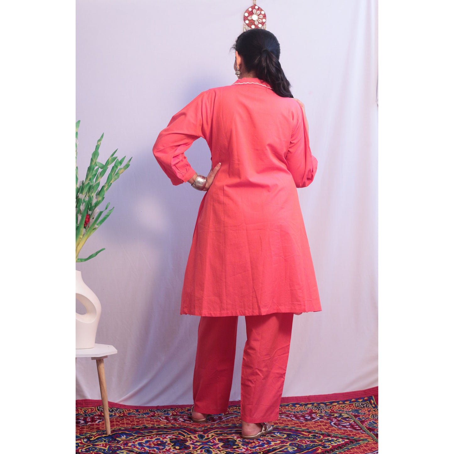 Embroidered Coral Pink Cord Set