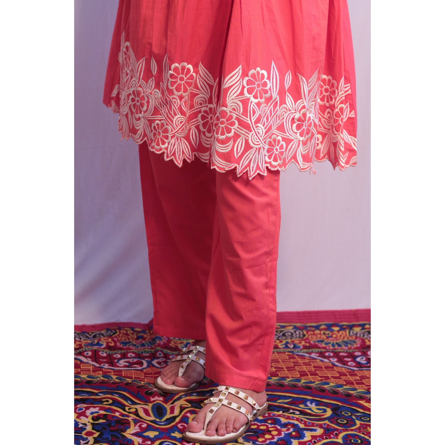 Embroidered Coral Pink Cord Set