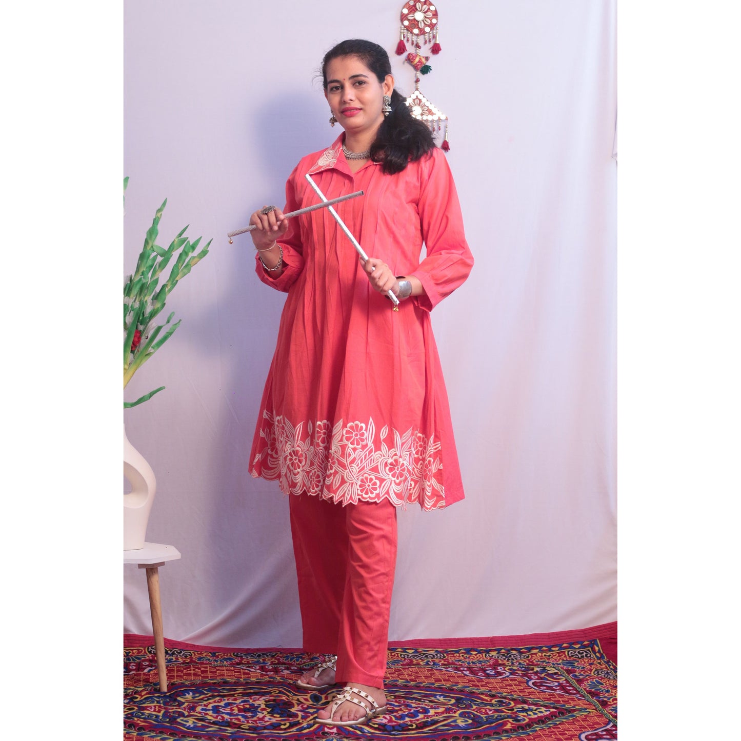 Embroidered Coral Pink Cord Set