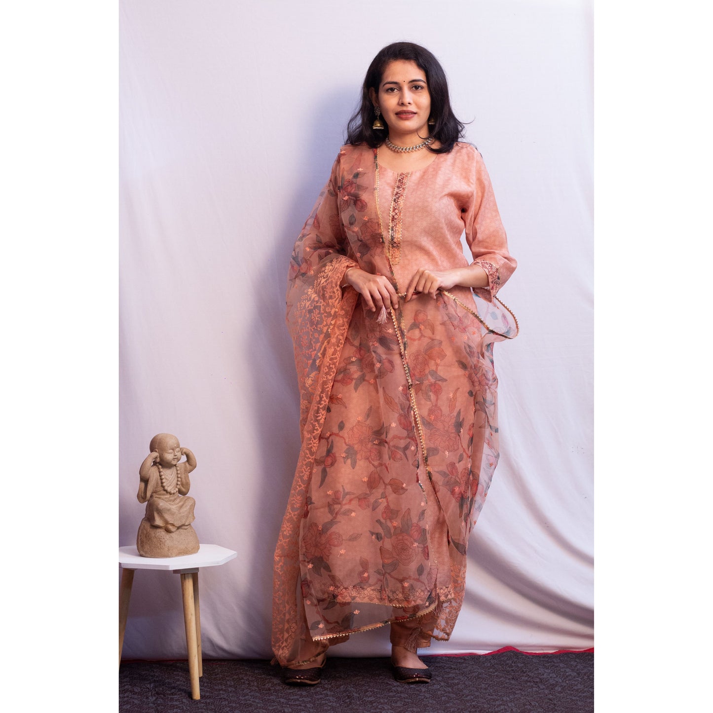 Peach Embroidered Tussar Silk Suit Set