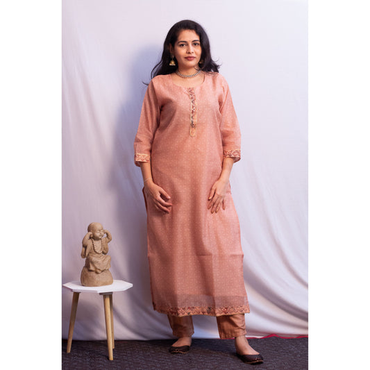 Peach Embroidered Tussar Silk Suit Set
