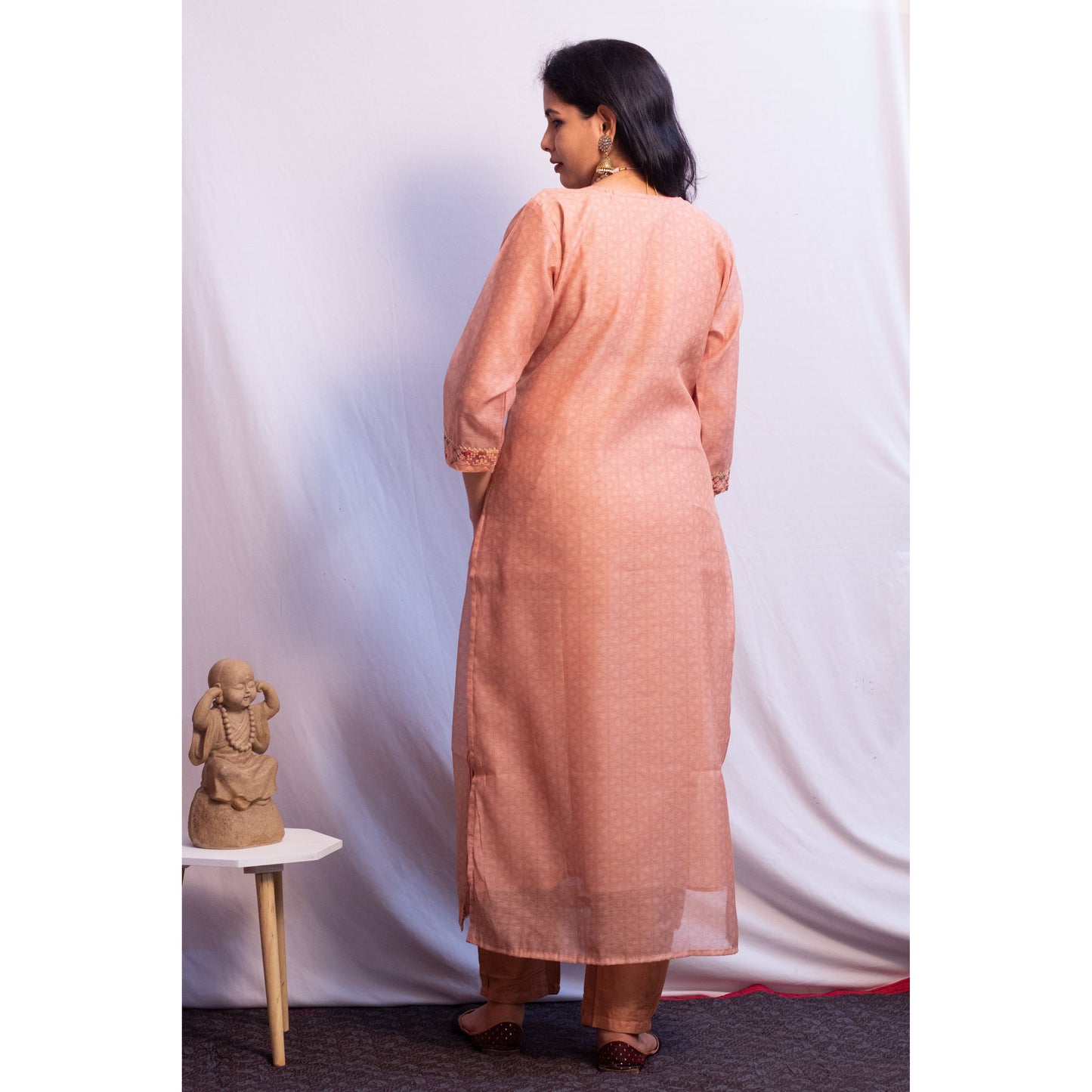 Peach Embroidered Tussar Silk Suit Set