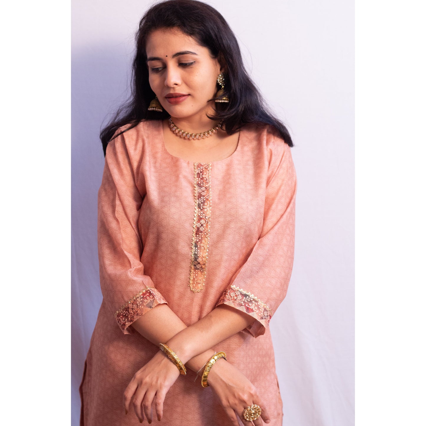 Peach Embroidered Tussar Silk Suit Set