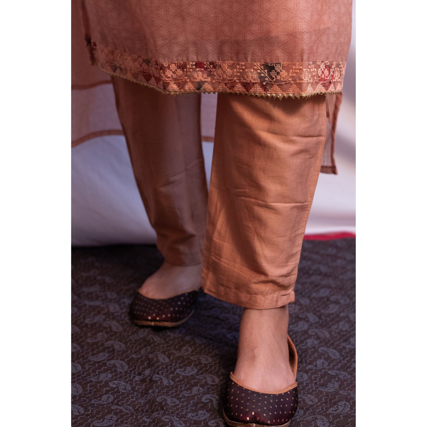 Peach Embroidered Tussar Silk Suit Set