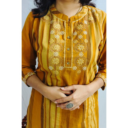 Mustard Embroidered Short Kurti