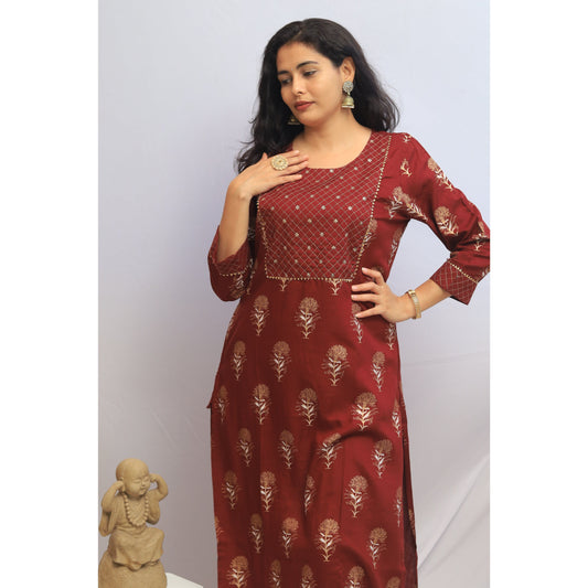 Maroon Embroidered Kurti