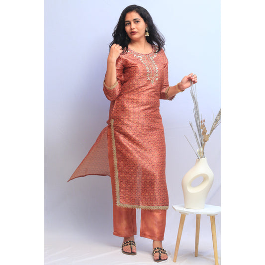 Coral Pink Embroidered Kurti Pant Set