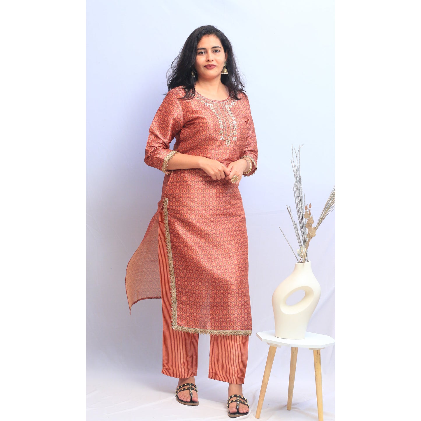 Coral Pink Embroidered Kurti Pant Set
