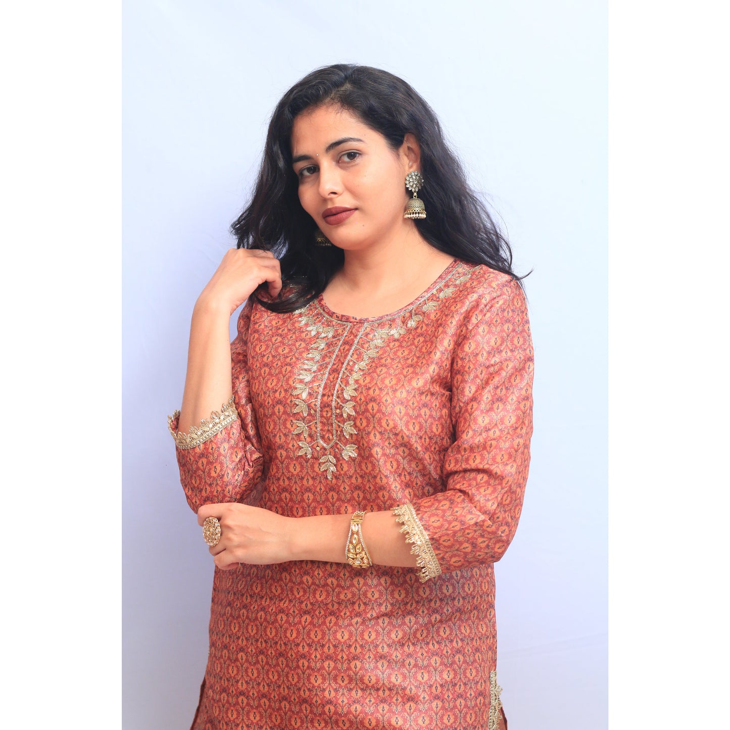 Coral Pink Embroidered Kurti Pant Set