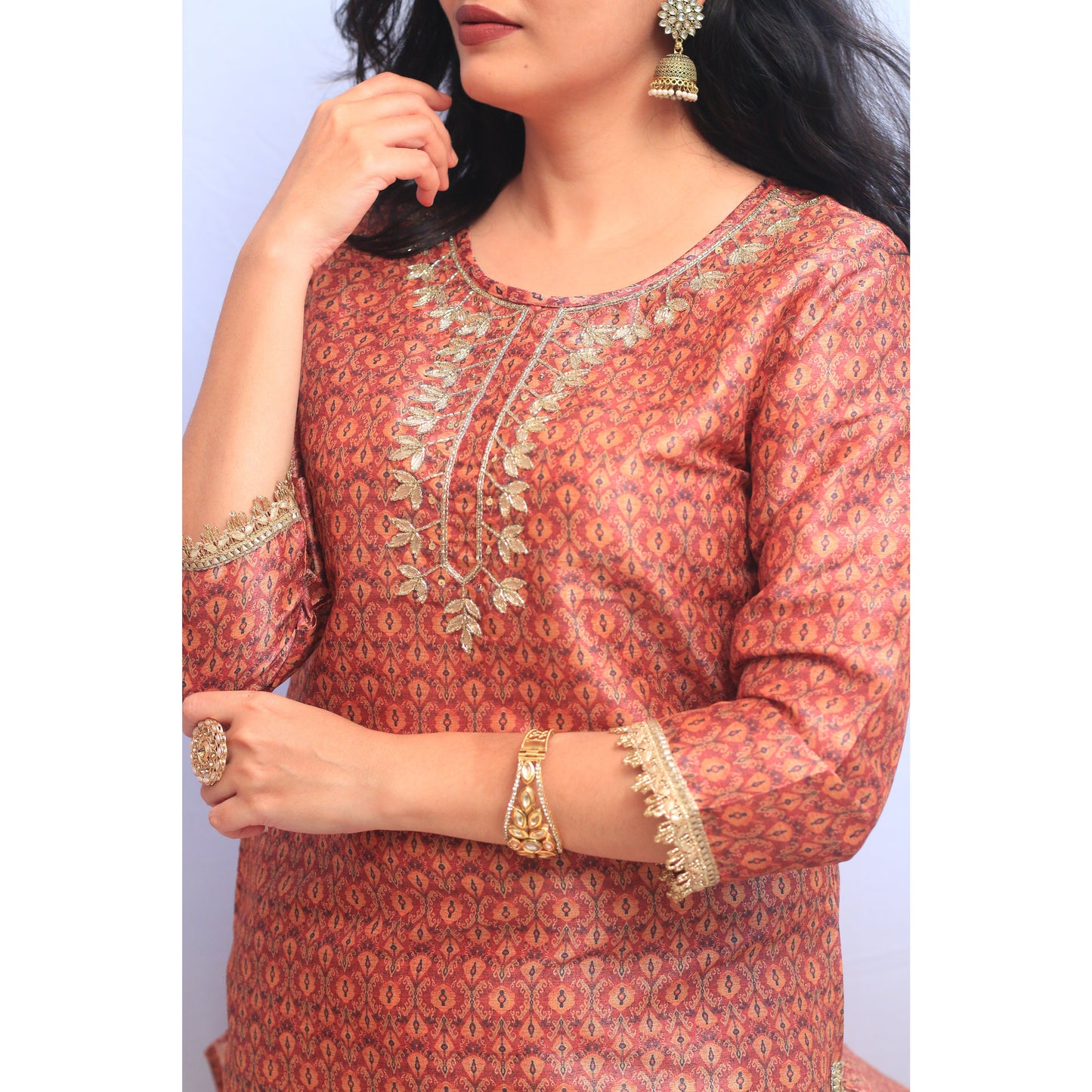 Coral Pink Embroidered Kurti Pant Set