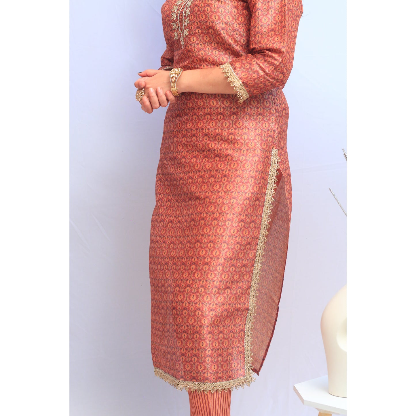 Coral Pink Embroidered Kurti Pant Set