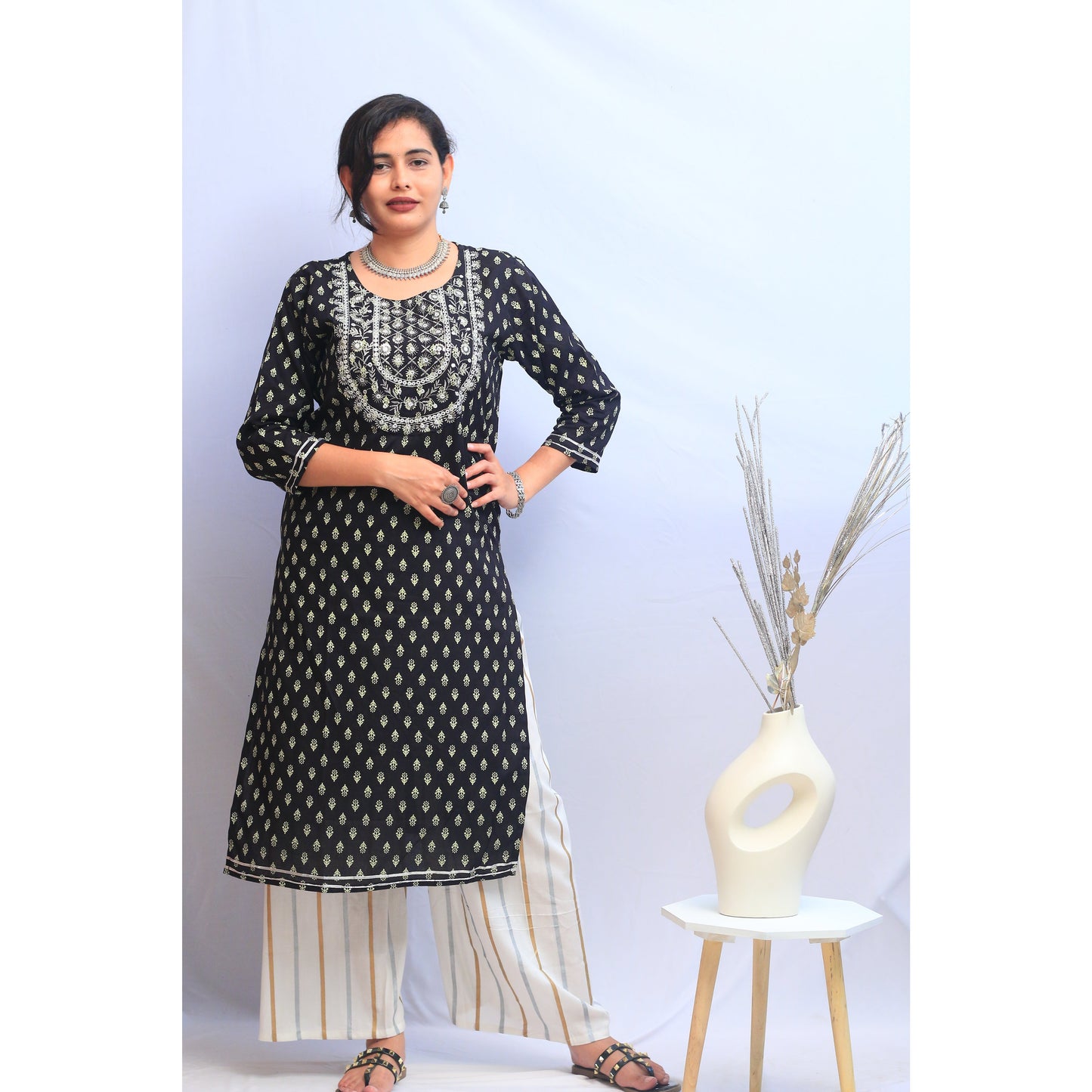 Black and White Embroidered Kurti Pant