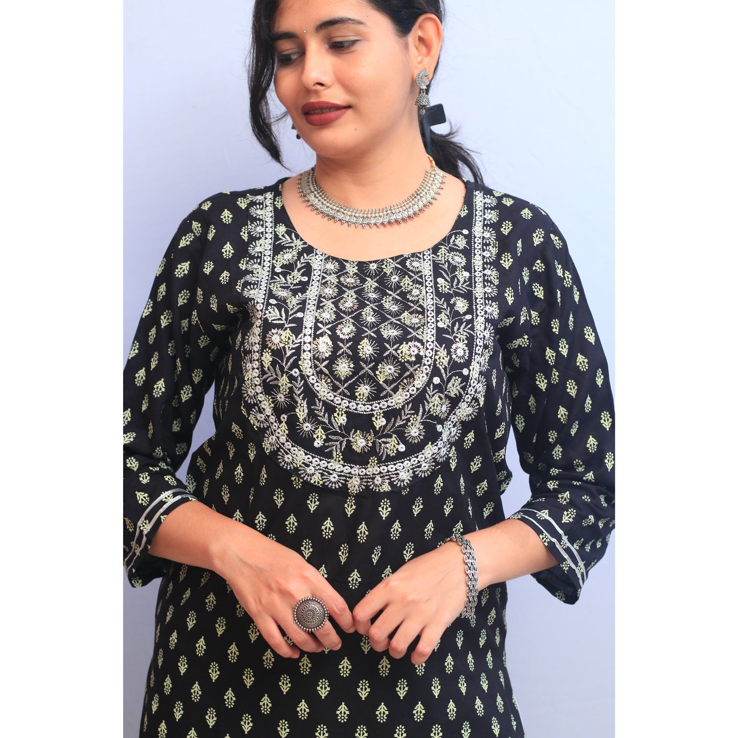 Black and White Embroidered Kurti Pant