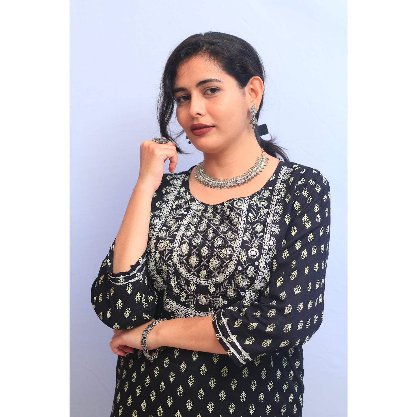 Black and White Embroidered Kurti Pant