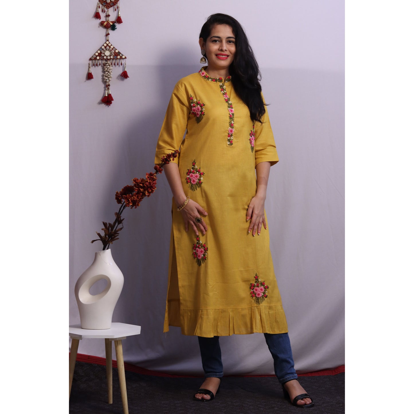 Yellow Embroidered Kurti