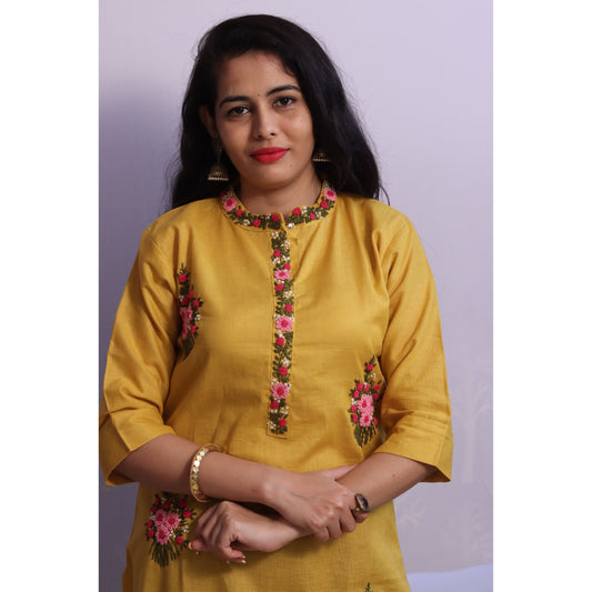 Yellow Embroidered Kurti
