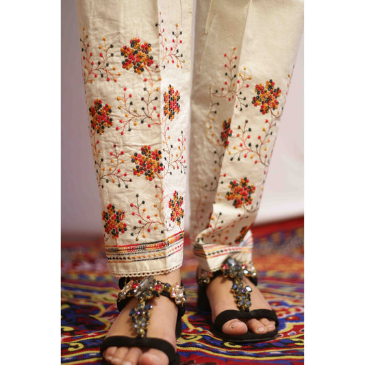 Beige Multi Embroidered Pant