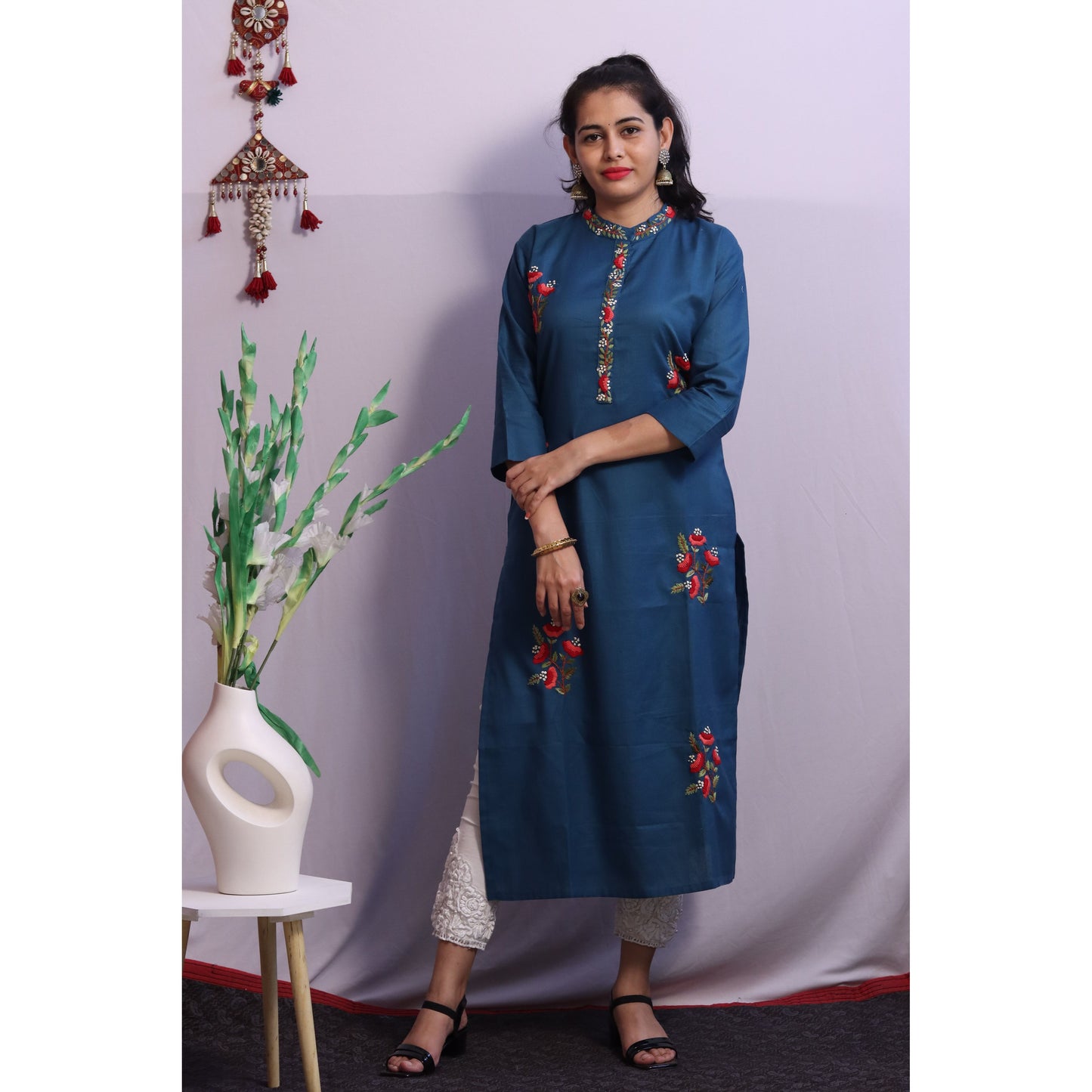 Teal Blue Embroidered Kurti
