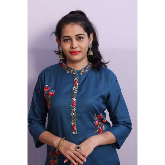 Teal Blue Embroidered Kurti