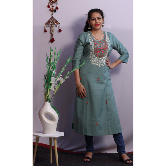 Sea Green Embroidered Kurti
