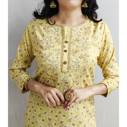 Ira Yellow Embroidered Kurti Pant Set