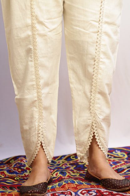 Beige pure cotton tulip pant with lace trim detailing