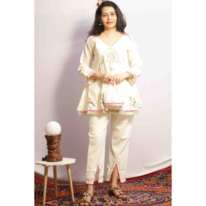 Peplum Beige Embroidered Co-ord Set