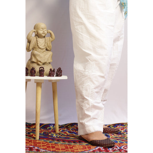 Embroidered White Chikan and Lace Pant