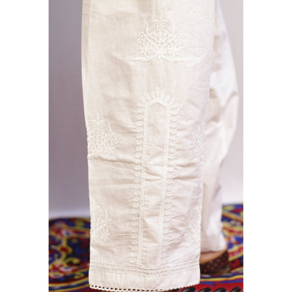 Embroidered White Chikan and Lace Pant