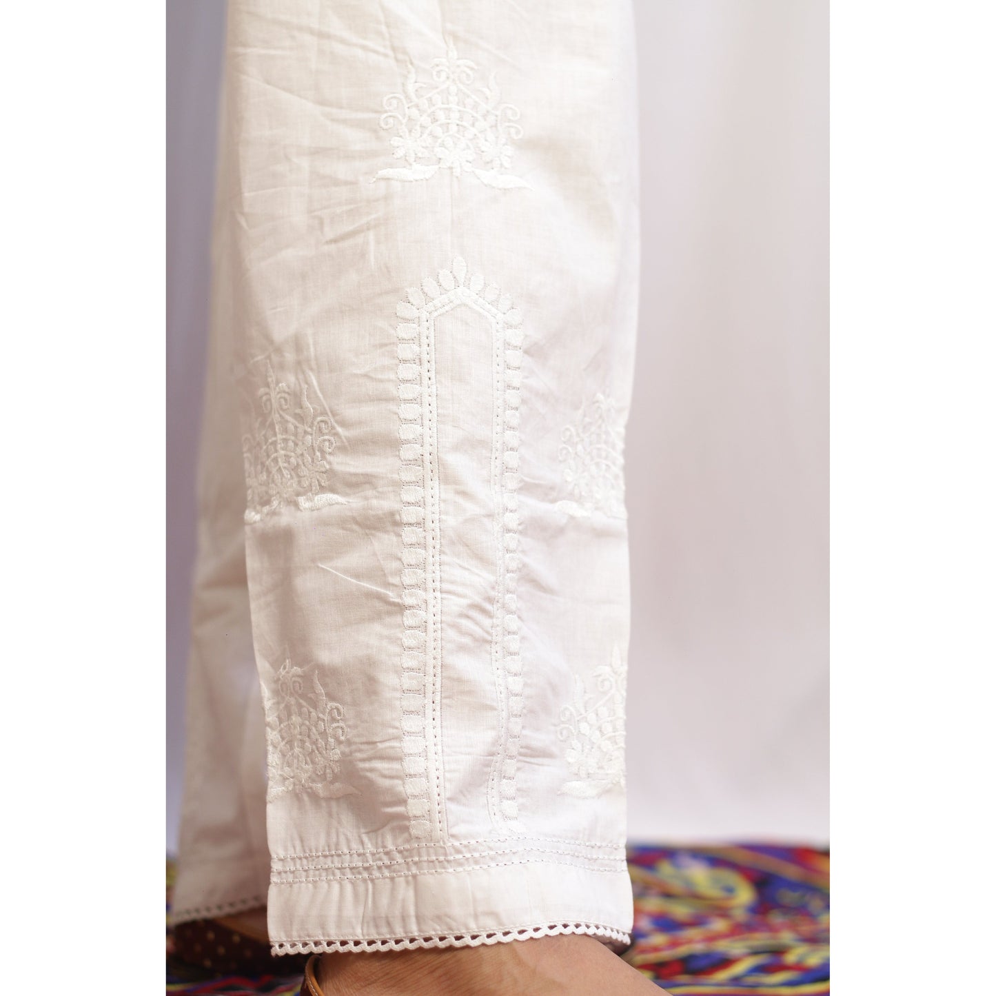 Embroidered White Chikan and Lace Pant