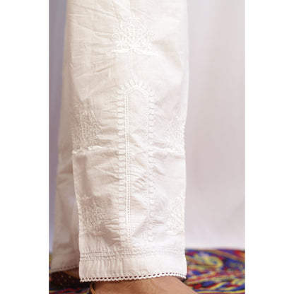 Embroidered White Chikan and Lace Pant