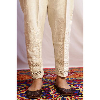 Embroidered Beige 3 Button Pant