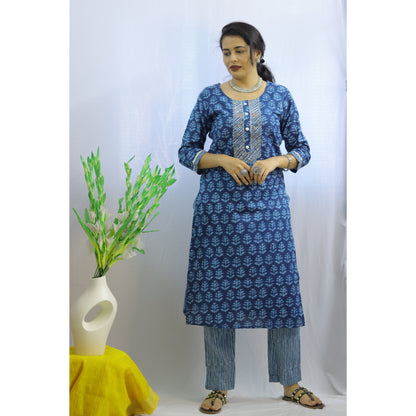 Indigo Blue Embroidered Kurti Pant Set