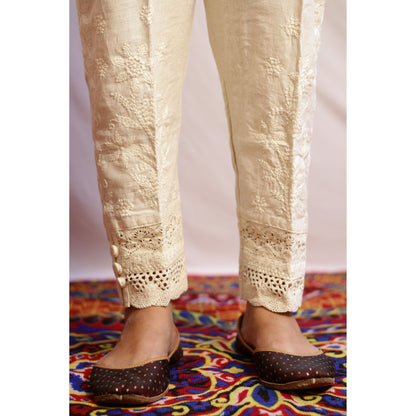 Embroidered Beige 3 Button Pant