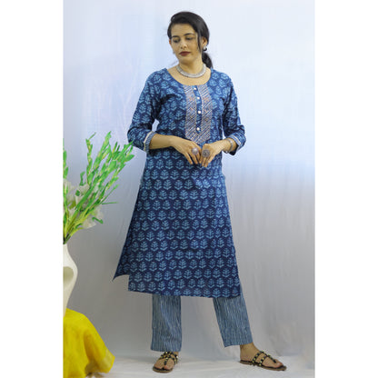 Indigo Blue Embroidered Kurti Pant Set