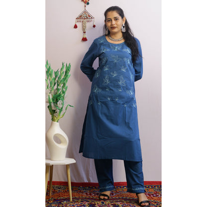 Yatra Teal Blue Embroidered Kurti Pant Set