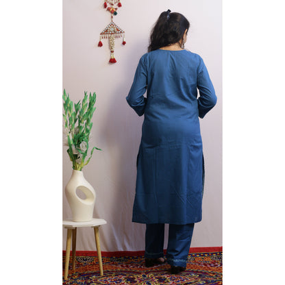 Yatra Teal Blue Embroidered Kurti Pant Set
