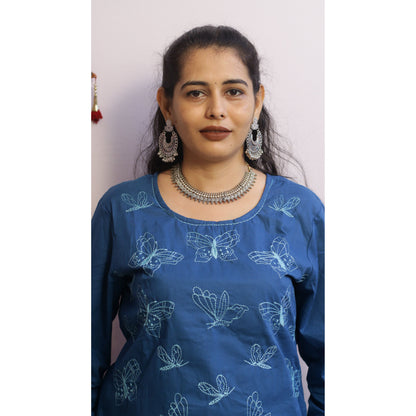 Yatra Teal Blue Embroidered Kurti Pant Set