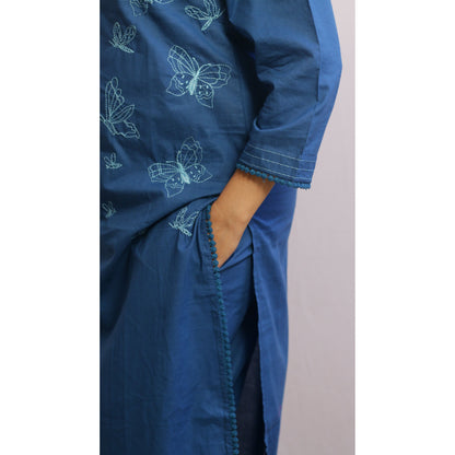 Yatra Teal Blue Embroidered Kurti Pant Set