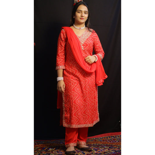 Zigzag Bandhani Red Suit Set