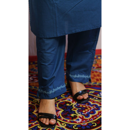 Yatra Teal Blue Embroidered Kurti Pant Set